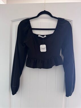 Altar'd State Black Long-Sleeve Peplum Square-Neck Crop Top